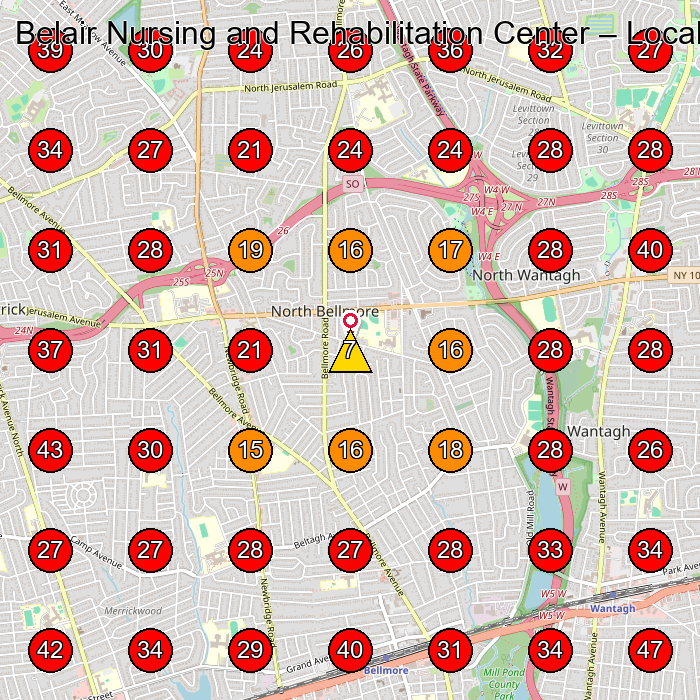 Belair Nursing and Rehabilitation Center GeoGrid visibility map for Rehabilitation Center in Amityville